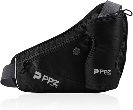 PPZ sports waist bag with bottle rack, waterproof, 2 pockets, adjustable belt - suitable for running, fitness, jogging and outdoor activities (black)