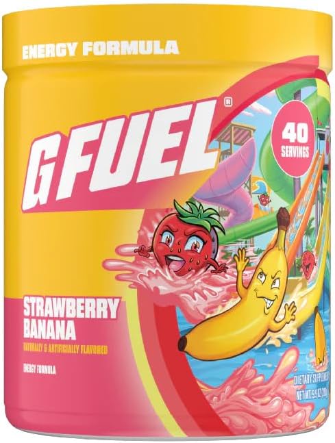 G Fuel Strawberry Banana Energy Drink Powder, Pre Workout Caffeine Mix for Gaming, Sugar Free Focus Amino, Vitamin + Antioxidants, 9.8oz (Strawberry Banana, 40 Servings)
