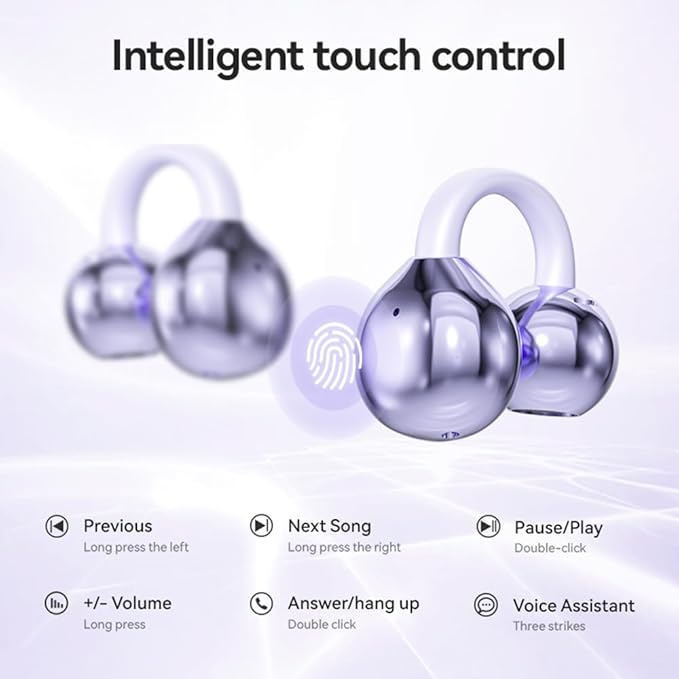 Clip-on Earbuds,Open Ear Earbuds Wireless Bluetooth 5.4, Lightweight Open Ear Headphones with C-Shaped Bridge,Slim Hook,60H Battery,Waterproof,for Glasses Wearers and Workouts (Purple)