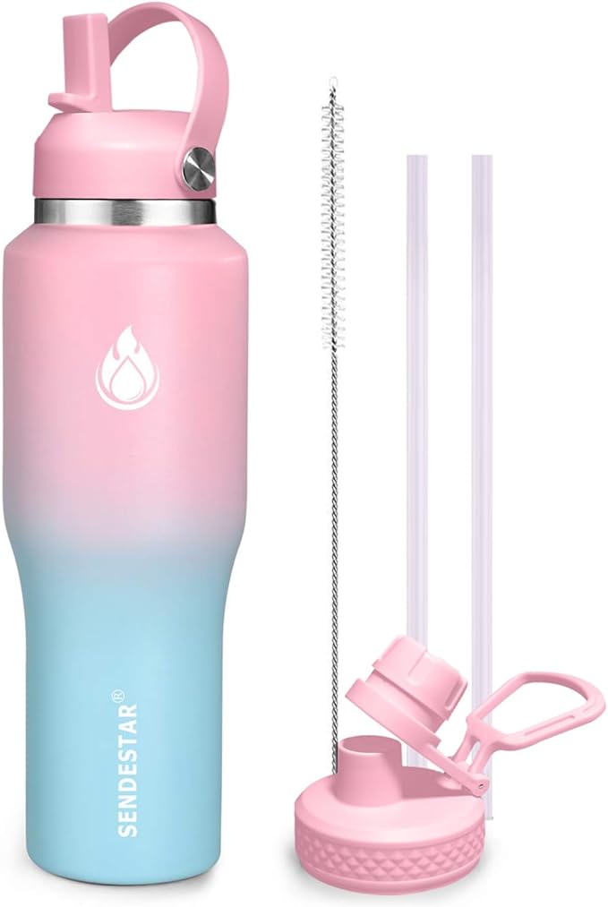 SENDESTAR 40oz Stainless Steel Water Bottle(Cold for 48 Hrs, Hot for 24 Hrs),Double Wall Vacuum Insulated Bottle with Straw Lid, Spout Lid and Flex Cap, Fit in Any Car Cup Holder