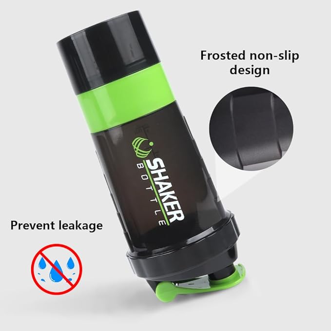 Shaker Bottle, Leak Proof Shaker Bottle for Protein Mixes,16oz 3 Layer Twist Off Cup with Pill & Supplement Storage, Gym Sports Cup for Protein Powder, Green