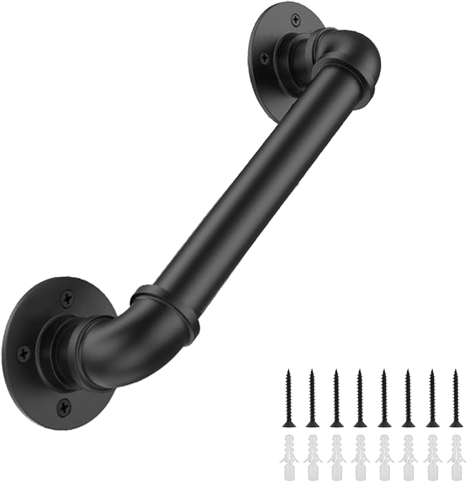 1FT Industrial Stair Railing Wall Mount Staircase Handrail φ1.3" Pipe Hand Rail for Steps Grab Bar Foot Rail Vintage Pipe Railing Black Deck Handrail for Outdoor Indoor Stairs Porch