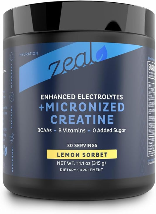 Zeal Electrolyte Powder w/Micronized Creatine (30 Servings | Lemon Sorbet) w 0 Sugar +BCAAs +B-Vitamins Electrolyte Supplement w Potassium Zinc & Magnesium