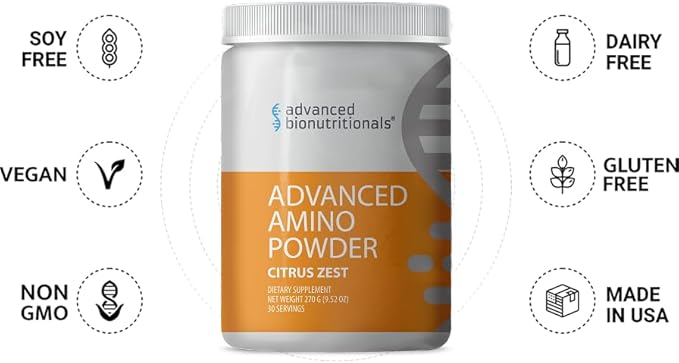 Advanced Bionutritionals – Advanced Amino Powder, Amino Acid Supplement, Build Muscle, Post Workout Recovery, Energy,Non-GMO, Gluten Free, Dairy Free, Vegan (30 Servings) (9.52oz, Citrus Zest)