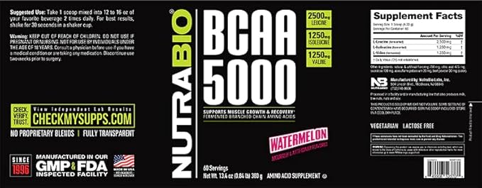 NutraBio BCAA 5000 Powder - Vegan Fermented BCAAs - Supports Lean Muscle Growth, Recovery, Endurance - 60 Servings - Watermelon