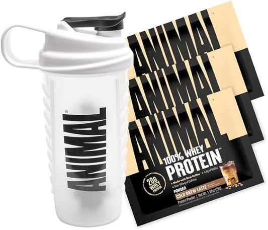 Animal 100% Whey Protein Powder Sampler Pack & Shaker Bottle – Real Instant Iced Coffee Whey + 20g of Protein, 120mg of Caffeine Meal Replacement with BCAA – Cold Brew Latte, 3 Single-Serving Packets