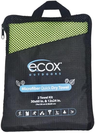 ecox Outdoors Microfiber Towel Fast Drying Soft Feel Fast Action Drying for Gym Beach Outdoors Travel Yoga Camping Compact Size 2 Piece Set 30x60 in and 12x24 in Green MFT2PG