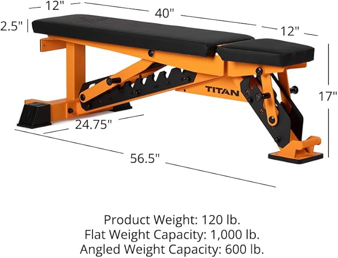 Titan Fitness TITAN Series Adjustable Bench, Supports 600 LB Incline, 1,000 LB Flat, Versatile Single Post Utility Workout Bench for Home Gym, Weightlifting, Strength Training