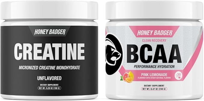 Honey Badger BCAA + EAA Powder | Micronized Creatine Monohydrate | Muscle Growth & Recovery | Natural Recovery for Men & Women | Sugar Free & Paleo | 30 Servings