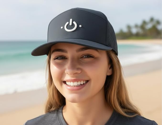 ModeCharge 7-Panel Black Baseball Hat, Waterproof, Laser-Cut Ventilation, Power Button Embroidered Logo