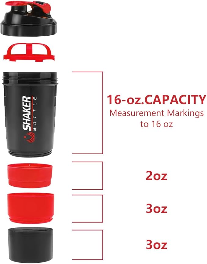 Shaker Bottle, Leak Proof Shaker Bottle for Protein Mixes,16oz 3 Layer Twist Off Cup with Pill & Supplement Storage, Gym Sports Cup for Protein Powder, Red