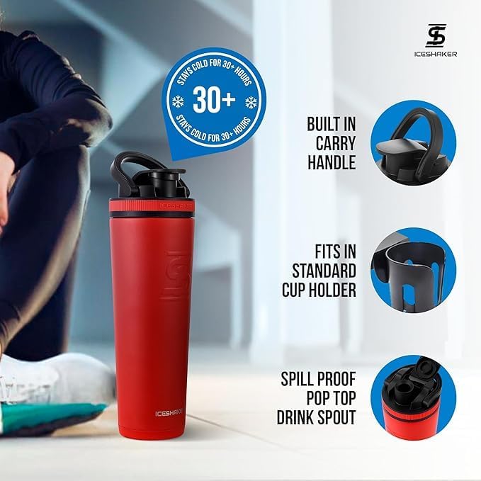 Ice Shaker Insulated Stainless Steel Shaker Bottle | 32oz, Red | Cold for 30+ Hours | Insulated Cup with Twist-on Agitator | Odor-Free Bottle for Protein Shakes, Water, Smoothies, Cocktails