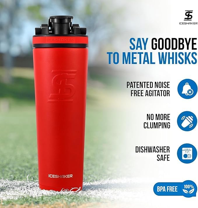 Ice Shaker Insulated Stainless Steel Shaker Bottle | 32oz, Red | Cold for 30+ Hours | Insulated Cup with Twist-on Agitator | Odor-Free Bottle for Protein Shakes, Water, Smoothies, Cocktails