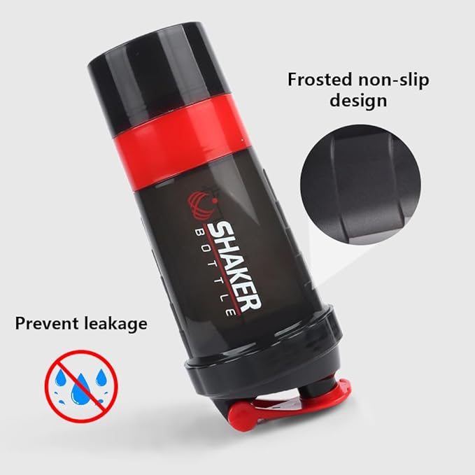 Shaker Bottle, Leak Proof Shaker Bottle for Protein Mixes,16oz 3 Layer Twist Off Cup with Pill & Supplement Storage, Gym Sports Cup for Protein Powder, Red