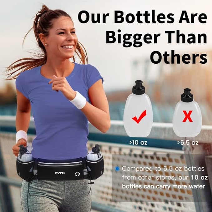 PYFK Running Belt with Water Bottles, Hydration Belt for Men and Women, Water Bottle Holder Running Pouch Water Belt, Fanny Pack Fits 7 inches Phones, Waist pack for Runner Jogging