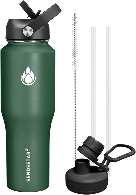 SENDESTAR 32oz Water Bottle Wide Mouth Stainless Steel Vacuum Insulated Double Wall with Straw Lids Fit in Any Car Cup Holder