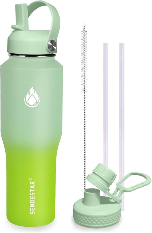 SENDESTAR 32oz Water Bottle Wide Mouth Stainless Steel Vacuum Insulated Double Wall with Straw Lids Fit in Any Car Cup Holder,Neon