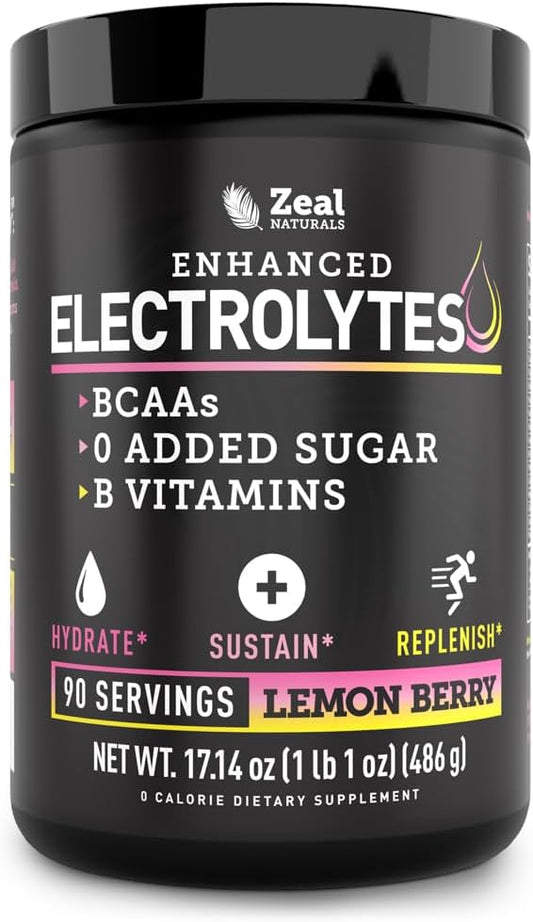 Zeal Naturals Electrolyte Powder Recovery Drink (90 Servings | Lemon Berry) w 0 Sugar +BCAAs +B-Vitamins Electrolyte Supplement w Potassium Zinc & Magnesium for Hydration - Keto Electrolytes