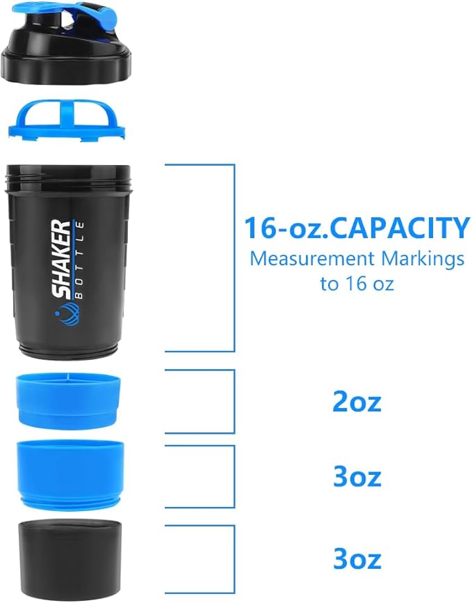 Shaker Bottle, Leak Proof Shaker Bottle for Protein Mixes,16oz 3 Layer Twist Off Cup with Pill & Supplement Storage, Gym Sports Cup for Protein Powder, Blue