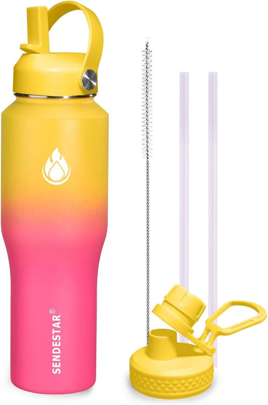 SENDESTAR 32oz Water Bottle Wide Mouth Stainless Steel Vacuum Insulated Double Wall with Straw Lids Fit in Any Car Cup Holder