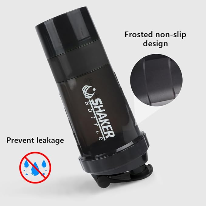 Shaker Bottle, Leak Proof Shaker Bottle for Protein Mixes,16oz 3 Layer Twist Off Cup with Pill & Supplement Storage, Gym Sports Cup for Protein Powder, Black