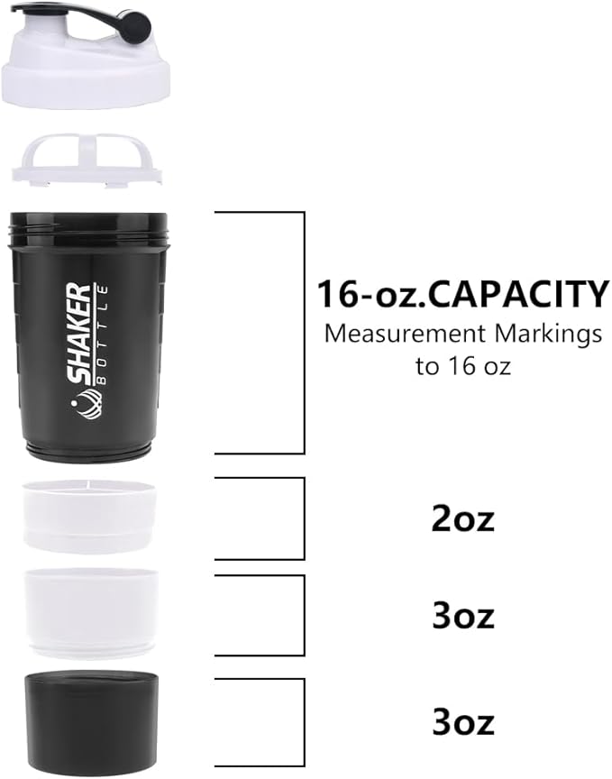 Shaker Bottle, Leak Proof Shaker Bottle for Protein Mixes,16oz 3 Layer Twist Off Cup with Pill & Supplement Storage, Gym Sports Cup for Protein Powder, White