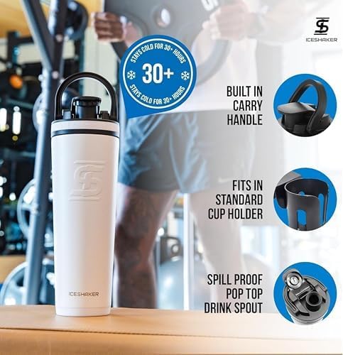 Ice Shaker Insulated Stainless Steel Shaker Bottle | 32oz, White | Cold for 30+ Hours | Insulated Cup with Twist-on Agitator | Odor-Free Bottle for Protein Shakes, Water, Smoothies, Cocktails