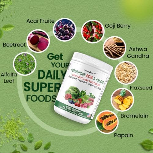 Superfood Reds & Greens Powder - 11.64 oz, Prebiotics & Probiotics for Digestive Health, Super Greens Powder with Ashwagandha for Gut Health, Immunity, Antioxidants, Vegan, Non-GMO