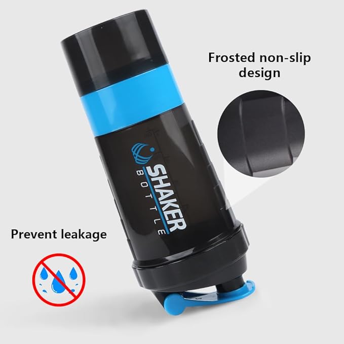 Shaker Bottle, Leak Proof Shaker Bottle for Protein Mixes,16oz 3 Layer Twist Off Cup with Pill & Supplement Storage, Gym Sports Cup for Protein Powder, Blue