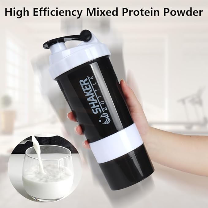 Shaker Bottle, Leak Proof Shaker Bottle for Protein Mixes,16oz 3 Layer Twist Off Cup with Pill & Supplement Storage, Gym Sports Cup for Protein Powder, White