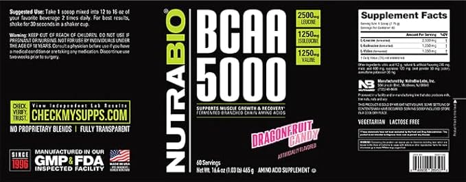 NutraBio BCAA 5000 Powder - Vegan Fermented BCAAs - Supports Lean Muscle Growth, Recovery, Endurance - 60 Servings - Dragonfruit Candy