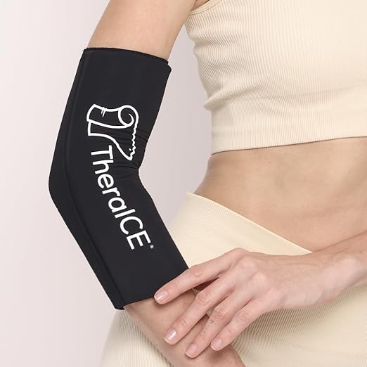 TheraICE Elbow Ice Pack Compression Sleeve for Injuries, Reusable Gel Cold Packs Brace, Shin Splints, Calf Strain, Flexible Cold Wrap Recovery for Tennis Elbow, Tendinitis Pain Relief (S)