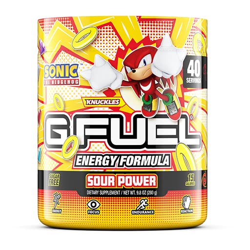 G Fuel Knuckles' Sour Power Energy Drink Powder, Pre Workout Caffeine Mix for Gaming, Sugar Free Focus Amino, Vitamin + Antioxidants, 9.8oz (Sour Raspberry, 40 Servings)