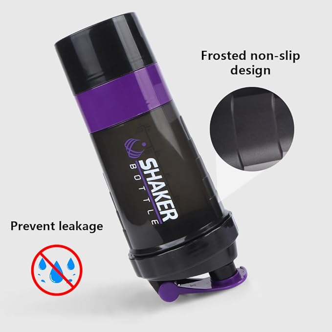 Shaker Bottle, Leak Proof Shaker Bottle for Protein Mixes,16oz 3 Layer Twist Off Cup with Pill & Supplement Storage, Gym Sports Cup for Protein Powder, Purple