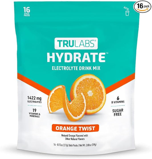 TRULABS Hydrate - Orange Twist. Sugar Free Electrolytes Hydration Packets. Each Serving Contains 1422 mg of Electrolytes &19 Vitamins & Minerals (16 ct)