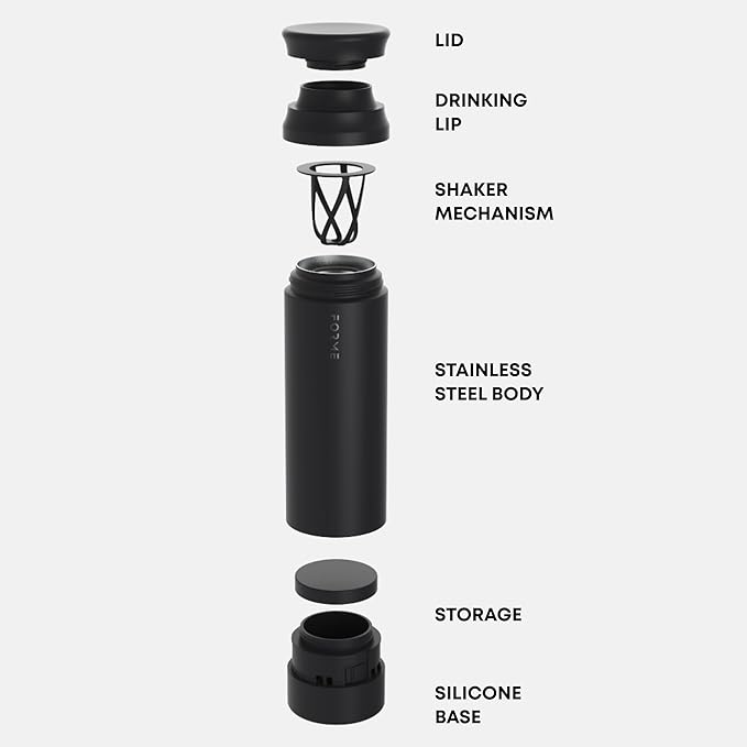 FORME - Blender Shaker Bottle, Leakproof Double Insulated Stainless Steel, Noiseless Shaker Bottle for Hot & Cold Drinks with Supplement Storage, Ideal for Protein & Shakes (Charcoal, 16.9 ounces)