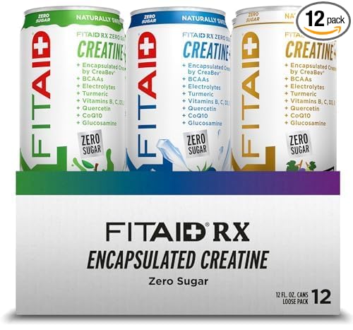 FITAID RX Zero Sugar, Encapsulated Creatine, Post-Workout Recovery Zero Sugar Drink, All-In-One Blend, BCAAs, Glucosamine, Turmeric, B-Complex, Electrolytes, Variety Pack, 12 Fl Oz (Pack of 12)