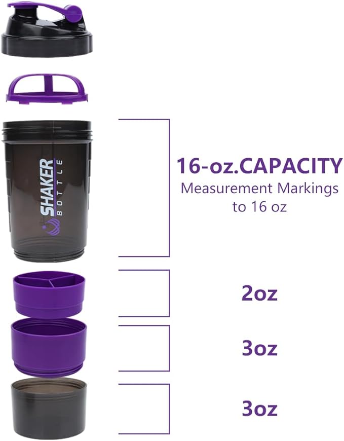 Shaker Bottle, Leak Proof Shaker Bottle for Protein Mixes,16oz 3 Layer Twist Off Cup with Pill & Supplement Storage, Gym Sports Cup for Protein Powder, Purple