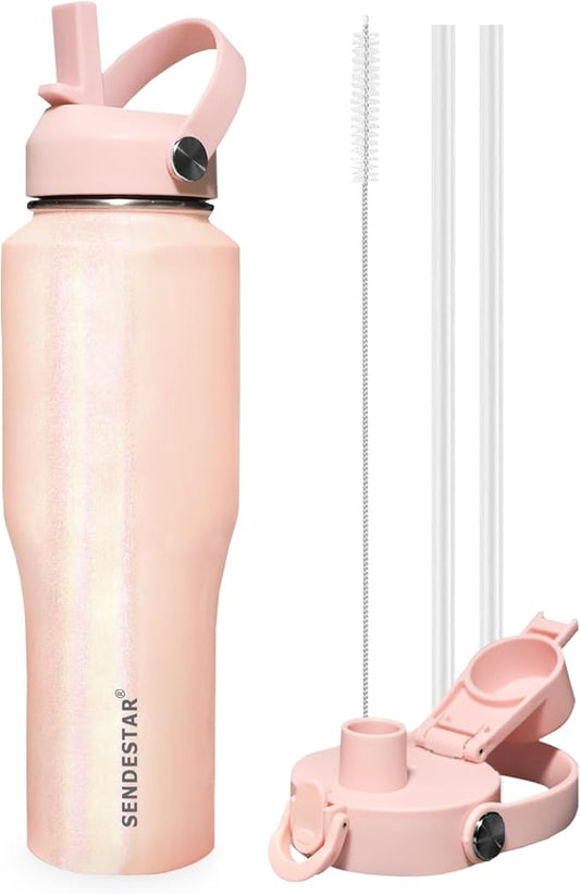 SENDESTAR 40oz Stainless Steel Water Bottle(Cold for 48 Hrs, Hot for 24 Hrs),Double Wall Vacuum Insulated Bottle with Straw Lid, Spout Lid and Flex Cap, Fit in Any Car Cup Holder,Laser Pink