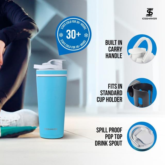 Ice Shaker Insulated Stainless Steel Shaker Bottle | 26oz, Caribbean | Cold for 30+ Hours | Insulated Cup with Twist-on Agitator | Odor-Free Bottle for Protein Shakes, Water, Smoothies, Cocktails