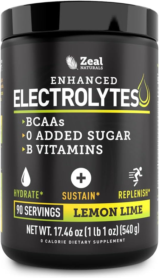 Zeal Naturals Electrolyte Powder Recovery Drink (90 Servings | Lemon Lime) w 0 Sugar +BCAAs +B-Vitamins Electrolyte Supplement w Potassium Zinc & Magnesium for Hydration - Keto Electrolytes