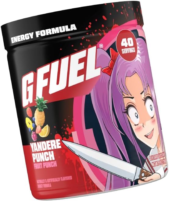 G Fuel Yandere Punch Energy Drink Powder, Pre Workout Caffeine Mix for Gaming, Sugar Free Focus Amino, Vitamin + Antioxidants, 9.8oz (Fruit Punch, 40 Servings)