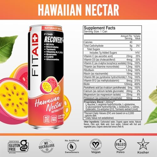 FITAID Post Workout Recovery Drink, Hawaiian Nectar, BCAAs, Glucosamine, Electrolytes, Paleo, Vegan & Gluten-Free, No Artificial Sweeteners, Naturally Flavored, Vitamins B, C, D3, E, Turmeric