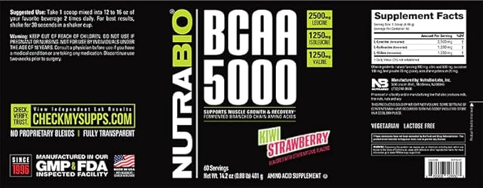NutraBio BCAA 5000 Powder - Vegan Fermented BCAAs - Supports Lean Muscle Growth, Recovery, Endurance - 60 Servings - Kiwi Strawberry