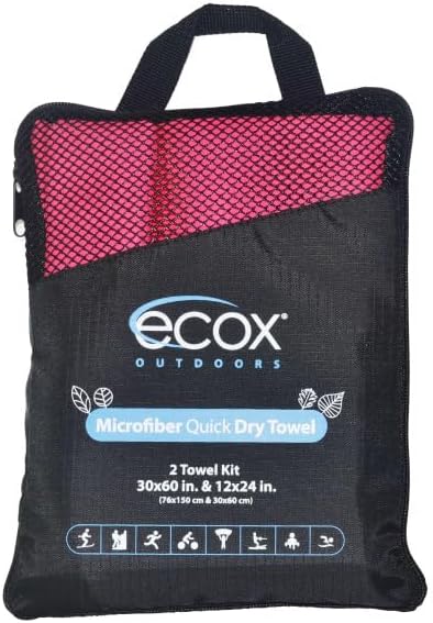 ecox Outdoors Microfiber Towel Fast Drying Soft Feel Fast Action Drying for Gym Beach Outdoors Travel Yoga Camping Compact Size 2 Piece Set 30x60 in and 12x24 in Red MFT2PRD