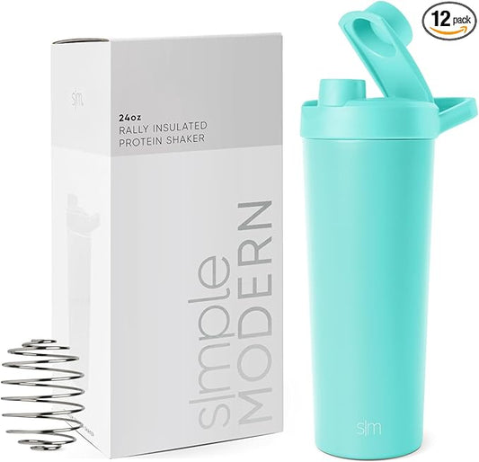 Simple Modern Stainless Steel Shaker Bottle with Ball 24oz | Metal Insulated Cup for Protein Mixes, Shakes and Pre Workout | Rally Collection | Ocean Water (Pack of 12)