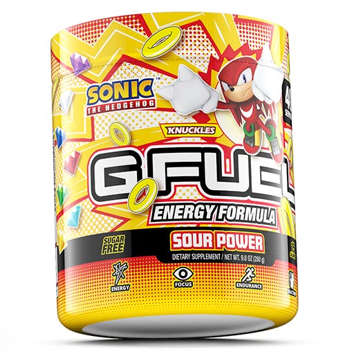 G Fuel Knuckles' Sour Power Energy Drink Powder, Pre Workout Caffeine Mix for Gaming, Sugar Free Focus Amino, Vitamin + Antioxidants, 9.8oz (Sour Raspberry, 40 Servings)