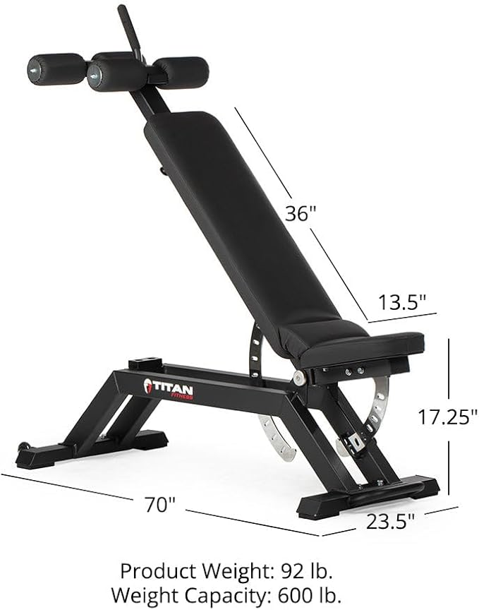 Titan Fitness TITAN Series FID Bench, Adjustable Weight Bench with 70 Flat, Incline, Decline Angles, Rated 600 LB, Durable Vinyl Padding, Workout Bench for Home Gym Weightlifting & Strength Training