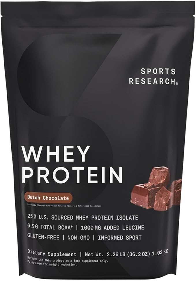 Sports Research Whey Protein Isolate - Sports Nutrition Protein Powder 25g per Serving - 2.27lb Bag Whey Protein - Dutch Chocolate Bulk Protein Powder, 25 Servings