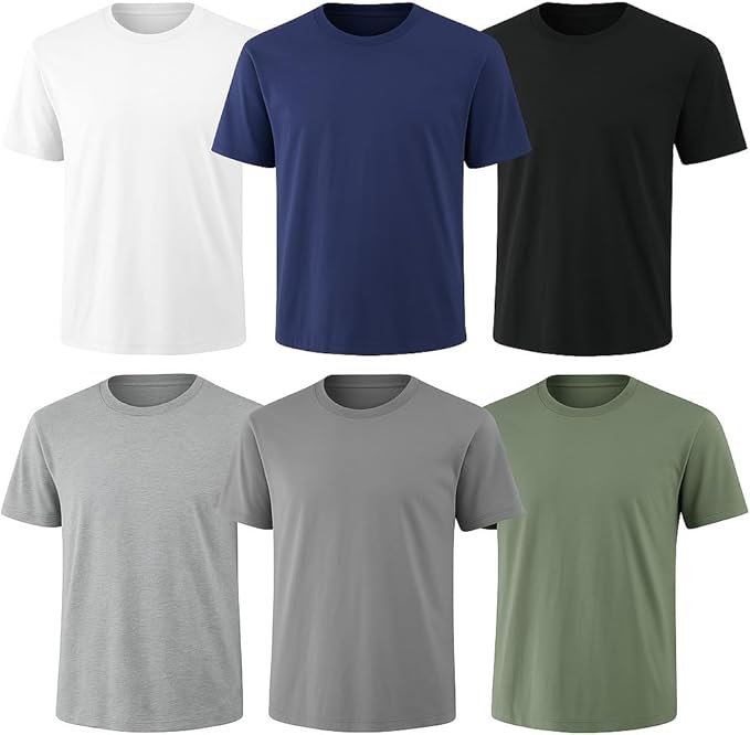 6-Pack Bulk Men’s T-Shirts – Soft Pre-Shrunk Premium Cotton, Short Sleeves, Reinforced Collar, Crew Neck, Casual Fit